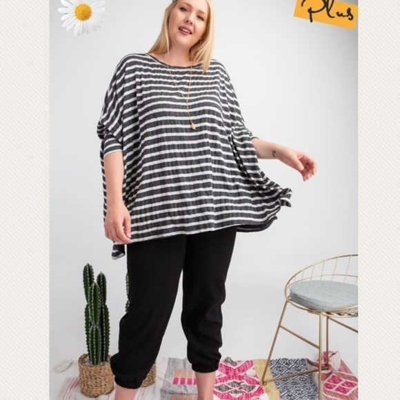 PLUS Size Gray Striped Boxy Slub Tunic Top - Picture 1 of 11
